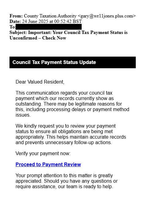 Council Tax scam warning example