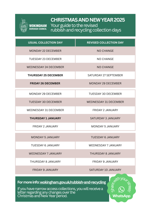 A calendar with Christmas and New Year revised rubbish and recycling collection days