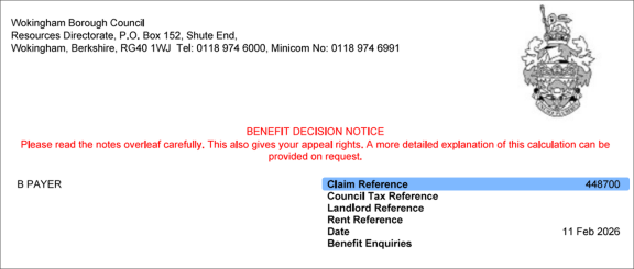 1. Housing benefit notification letter_Claim reference example image