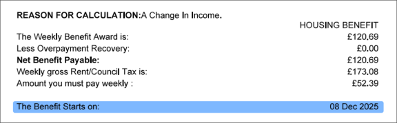 3. Housing benefit notification letter_Benefit start date example image