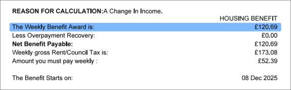 4. Housing benefit notification letter_Entitled benefit example image
