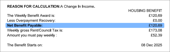 5. Housing benefit notification letter_Net benefit payable example image