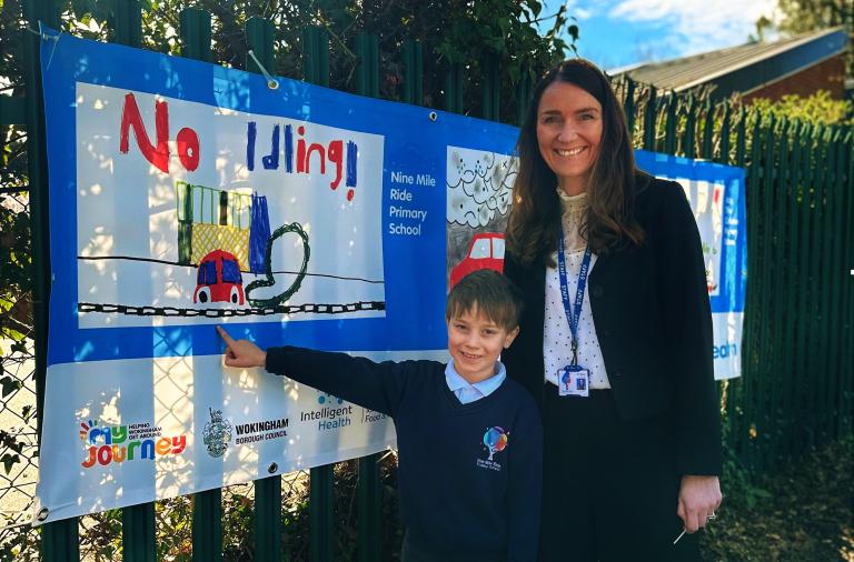 • Sebastian (Nine Mile Ride Primary School, Finchampstead) with a design showing the fumes emitted from an idling car vehicle in a built-up area