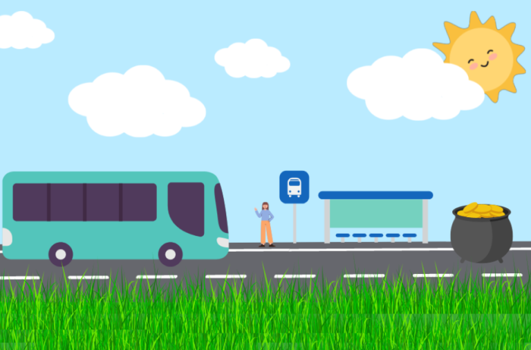 A cartoon of a bus arriving at a bus stop on a country road