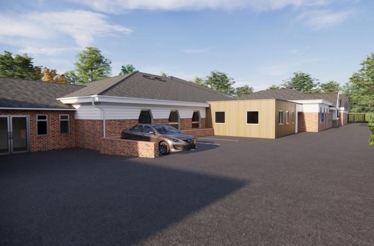 Artist impression new single storey extension on the building for the new SEND nursery at the old Farley Hill Primary School