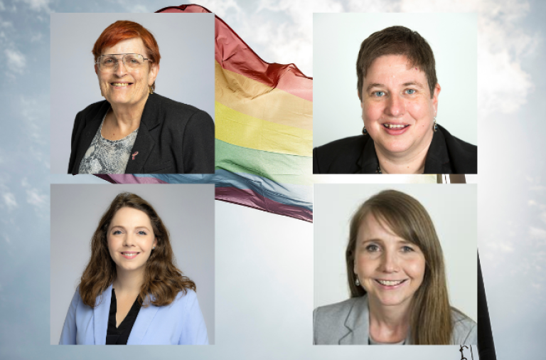 A pride flag at the council's Shute End offices in front of the sun. Headshots of Cllrs Rachelle and Imogen Shepherd-DuBey, Laura Blumenthal and Rachel Burgess