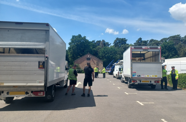 Vans and small lorries are inspected by police and the council's community safety team at Pinewood centre near Crowthorne