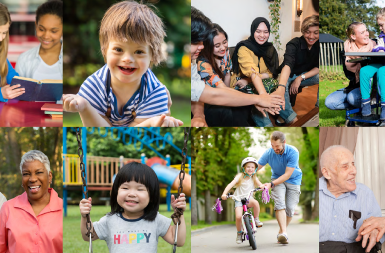 Several photos showing people of different ages, gender and ethnicities
