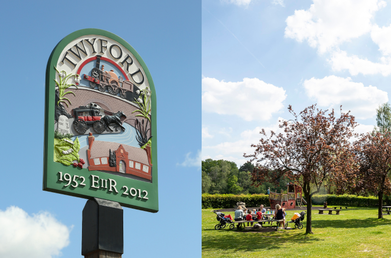 An image of the village sign in Twyford and California Country Park in Finchampstead
