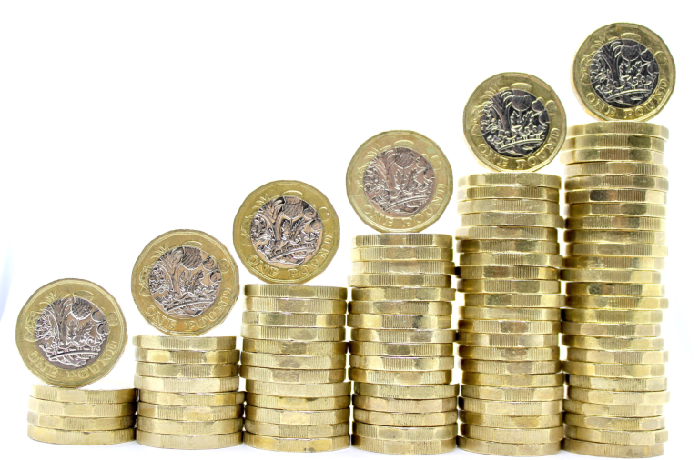 Stacks of one pound coins growing up and up, showing inflation