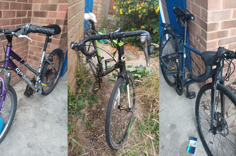 Three bicycles stood up next to different walls, these were returned to owners after being stolen