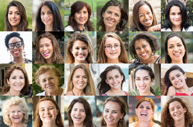 Headshots of 36 women smiling at the camera of varying ages and ethnicities