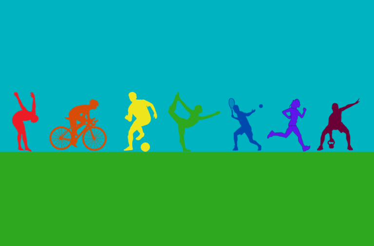 colourful silhouettes of people enjoying swimming, cycling, football, yoga, tennis, running and weight lifting on a bright blue background and green grass