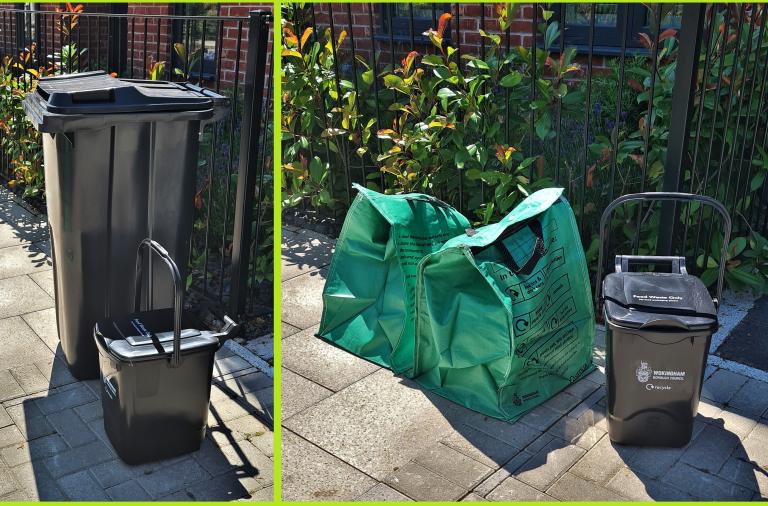 Photo of a blacked wheeled rubbish bin next to a smaller food waste bin, and another of two green recycling sacks next to a black food waste bin