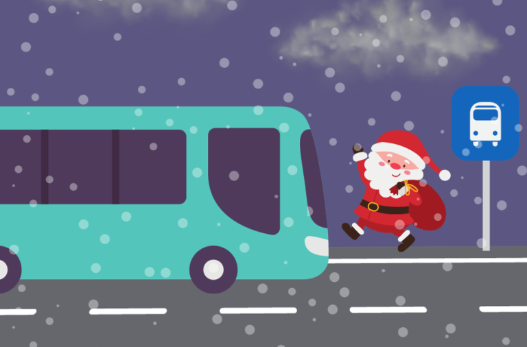 A cartoon Santa catching a bus on a snowy night