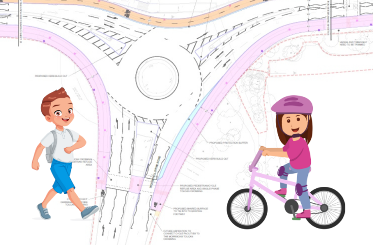 Overhead diagram of proposed improvements to Woosehill roundabout with graphics of smiling children on bikes and walking