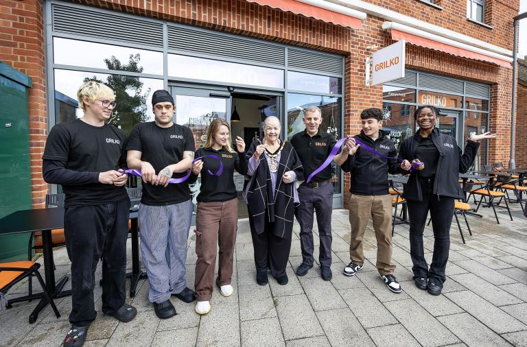 Ribbon cutting at Grilko with Wokingham Borough Mayor Cllr Beth Rowland and Grilko staff