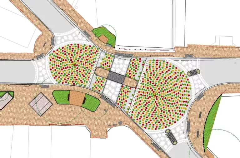 An overhead diagram of the proposed new crossroads, showing the existing mini-roundabouts repainted with concentric circles of multi-coloured leaves and new pedestrians crossings installed
