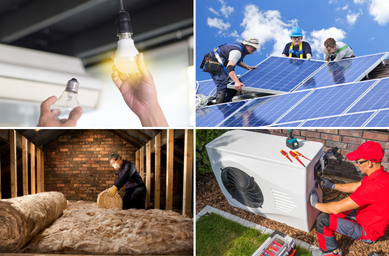 Compilation of home energy improvements including low energy light bulbs, solar panels, insulation and air source heat pumps