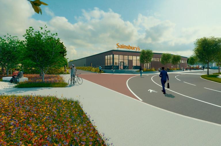 A computer generated image of a Sainsbury's store showing a wide pedestrianised space with space for cyclists approaching it