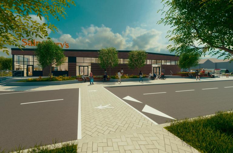 Computer generated image of a new Sainsbury's store with a flat speed hump in front that pedestrians can use as a crossing