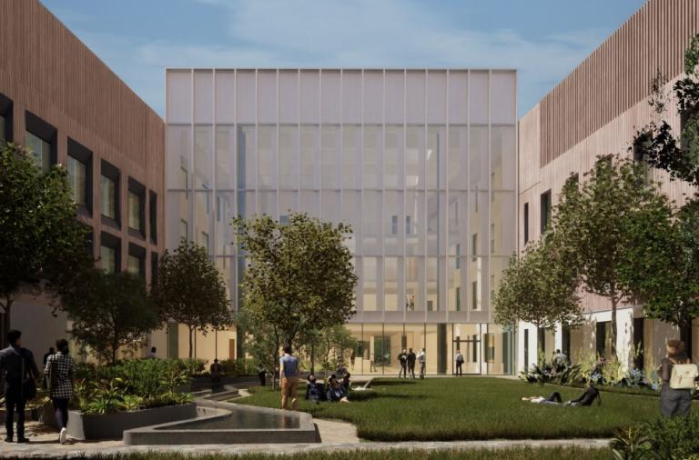 Computer generated image of a green, well-planted courtyard area in front of a smart, sleek modern commercial building