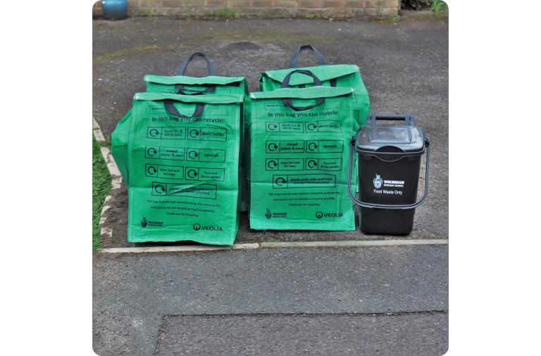 Image of recycling bags and food bin at the side of a kerb