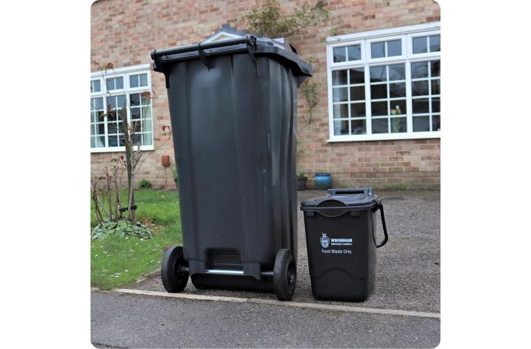 Image of a rubbish bin and food bin at the side of a kerb