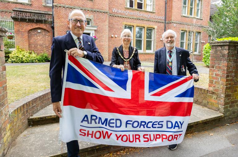 Armed Forces Day 2025 flag raising ceremony. [L-r] Cllr Adrian Betteridge, Wokingham Borough Mayor, Cllr Carol Jewell, and Honorary Alderman Angus Ross