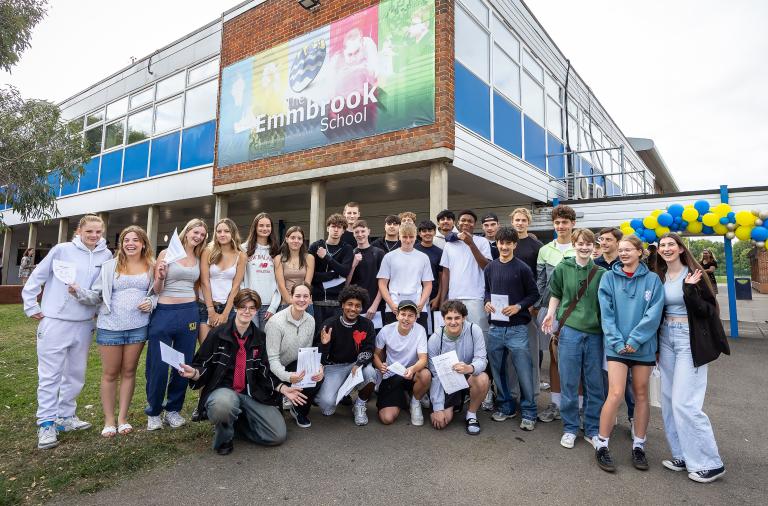 GCSE students with their results outside The Emmbrook School
