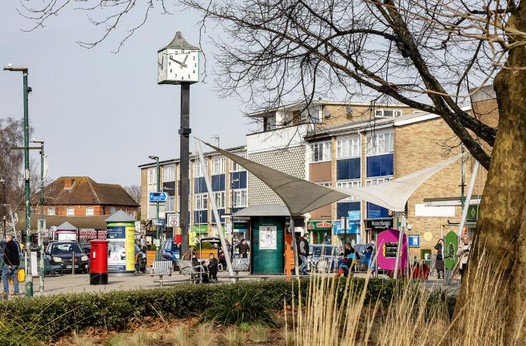 Woodley precinct on a busy sunny day with its clock tower and canopy in background, with trees and long grass in foreground