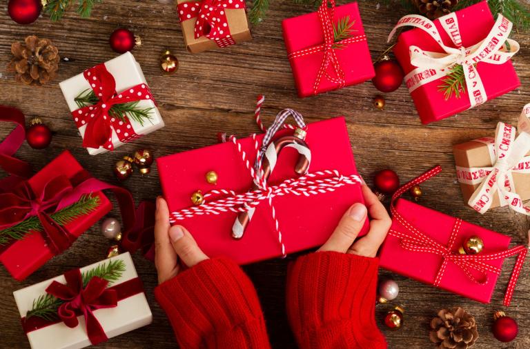 A selection of red and white Christmas presents