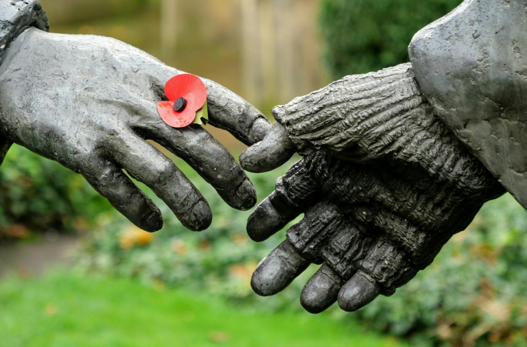 the hands of two statues almost touching, with a poppy on one