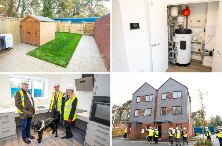 Collage: fenced yard with heat pump, utility room pipes, leaders in kitchen with guide dog, and modern gray-brick building outside.