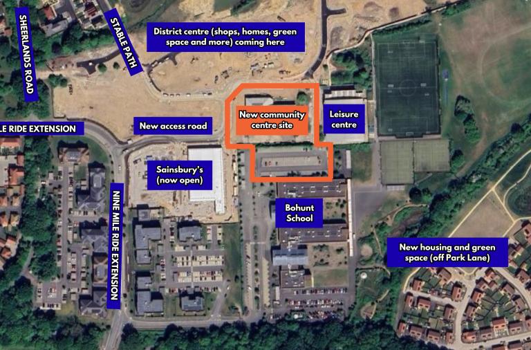 Location plan showing where the new centre is based, between Sainsbury's and the leisure centre and off Nine Mile Ride Extension