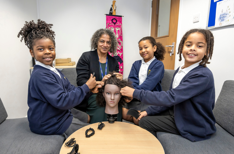Bearwood Primary School pupils taking part in an Afro hair workshop