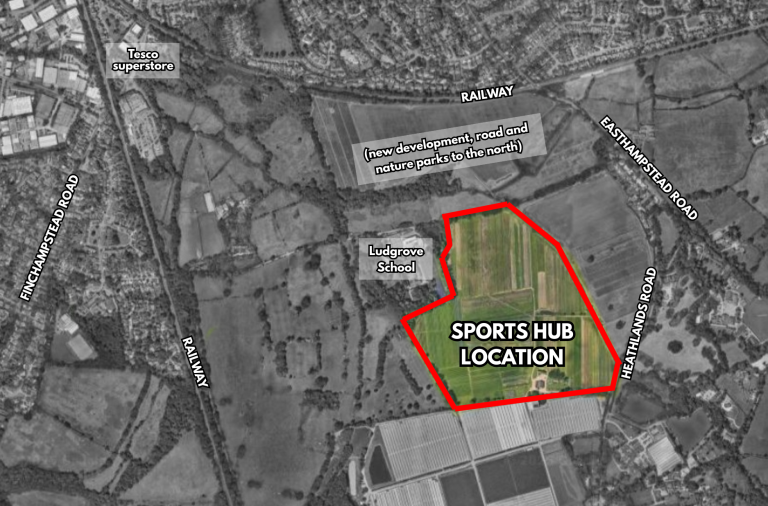 Diagram showing the location of the proposed sports hub at Grays Farm off Heathlands Road
