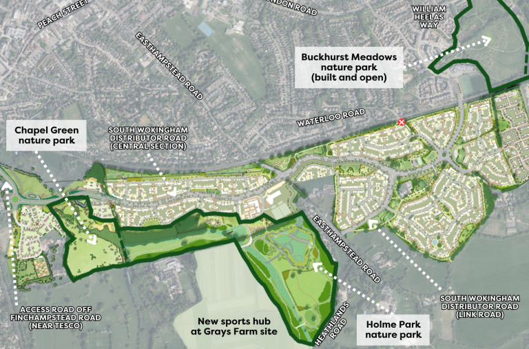 Diagram showing all of the South Wokingham area with new homes, plus planned green spaces