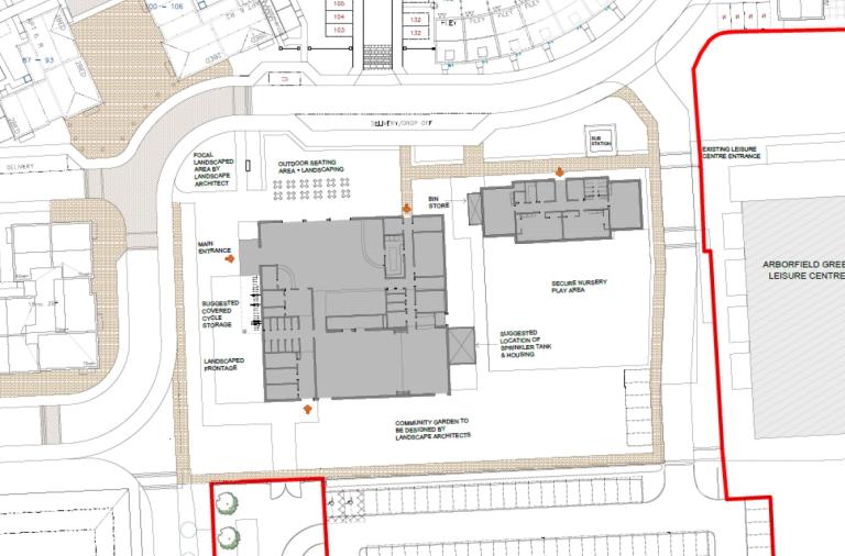 Designer's plan showing the community centre with a separate nursery building next door, plus a community garden in front