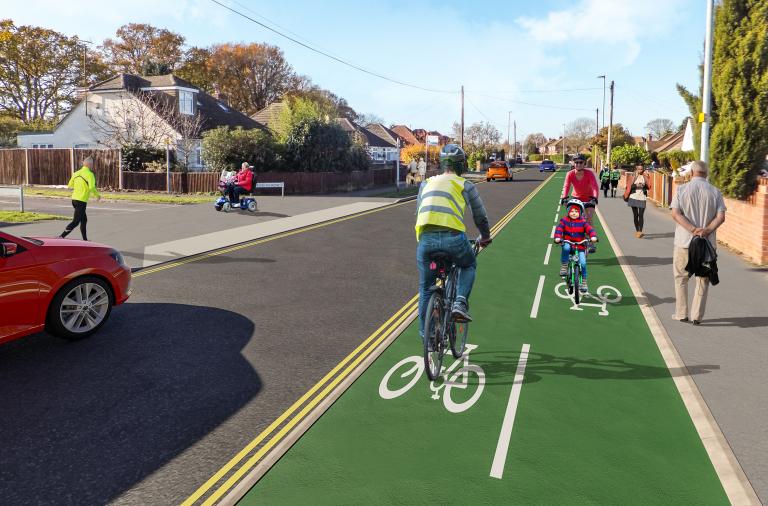 artist's impression of a cyclist riding down a new cycleway along Woodlands Avenue in Woodley, which is separate from both the road and the pavement