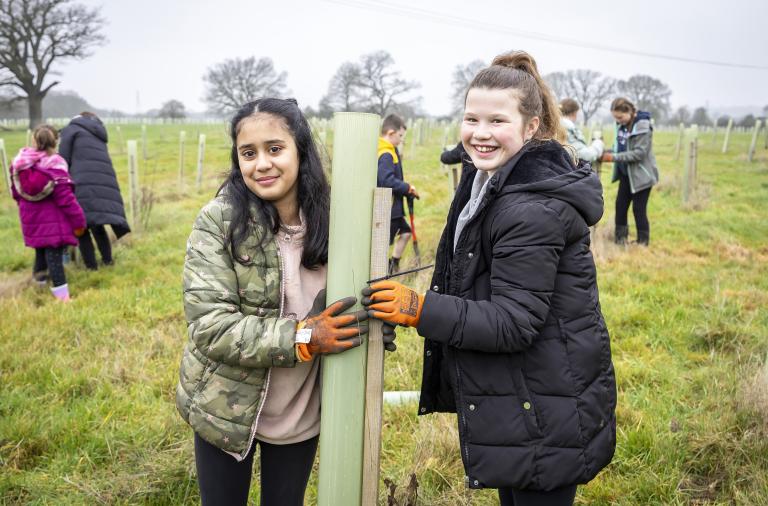 Two children holding a tree guard in place while planting a sapling at the Covid Memorial Woodland, with other pupils working nearby.