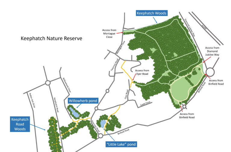 Map of Keephatch Local Nature Reserve showing woods, ponds and access routes across the site.