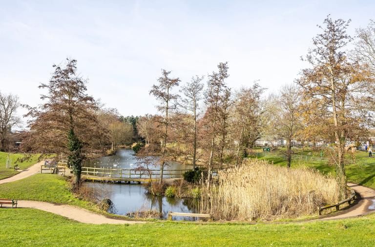 View over the pond at Woodford park in Woodley