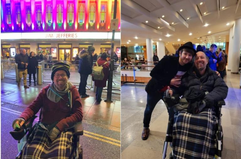 Left: A man in a wheelchair outside at night in front of a neon-lit theatre with a Jim Jefferies sign. Right: Inside a busy lobby, a man leans in and smiles beside a man in a wheelchair.