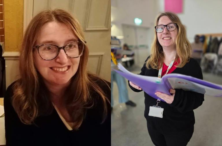 Left: a woman with shoulder-length light brown hair and rectangular glasses, smiling. Right: a woman with shoulder-length blonde hair and rectangular glasses, wearing a black top and lanyard, holding a folder in an indoor setting.