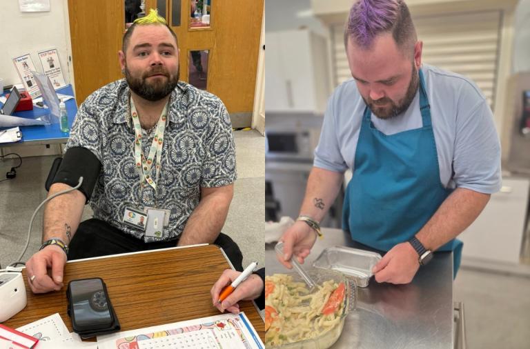 Two-panel image of the same man: left shows him at an office desk with a blood-pressure cuff on his left arm and an ID badge on a lanyard. Right shows him in a kitchen wearing a teal apron, purple-dyed hair, stirring a pasta dish on a stainless counter.