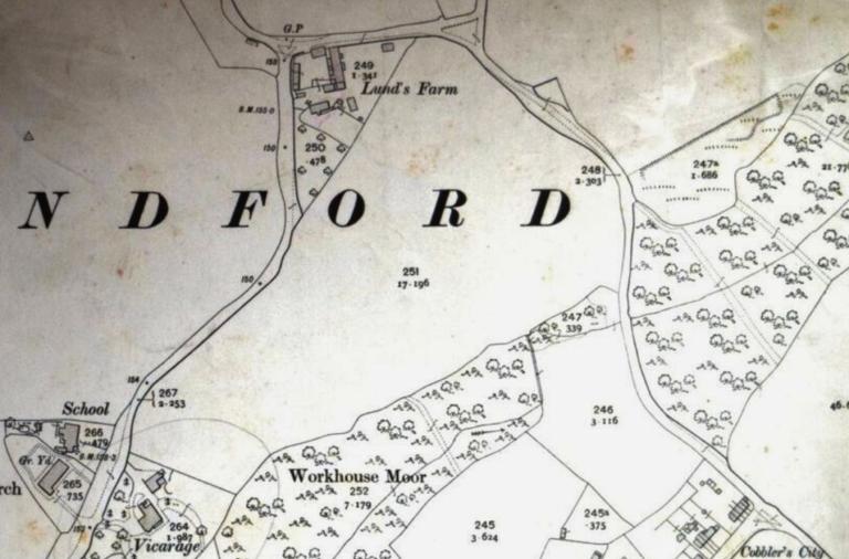 Historic map showing Sandford, Lands Farm, St John’s Church and Workhouse Moor.
