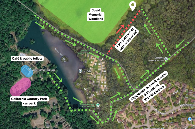 Map showing the accessible route from California Country Park to the memorial woodland.