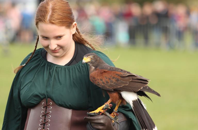 A lady dressed in medieval attire holding a bird of prey