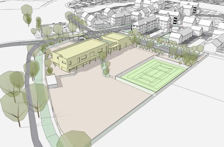 Aerial sketch of a modern new primary school complex with a playground and multi-use games area, surrounded by flats
